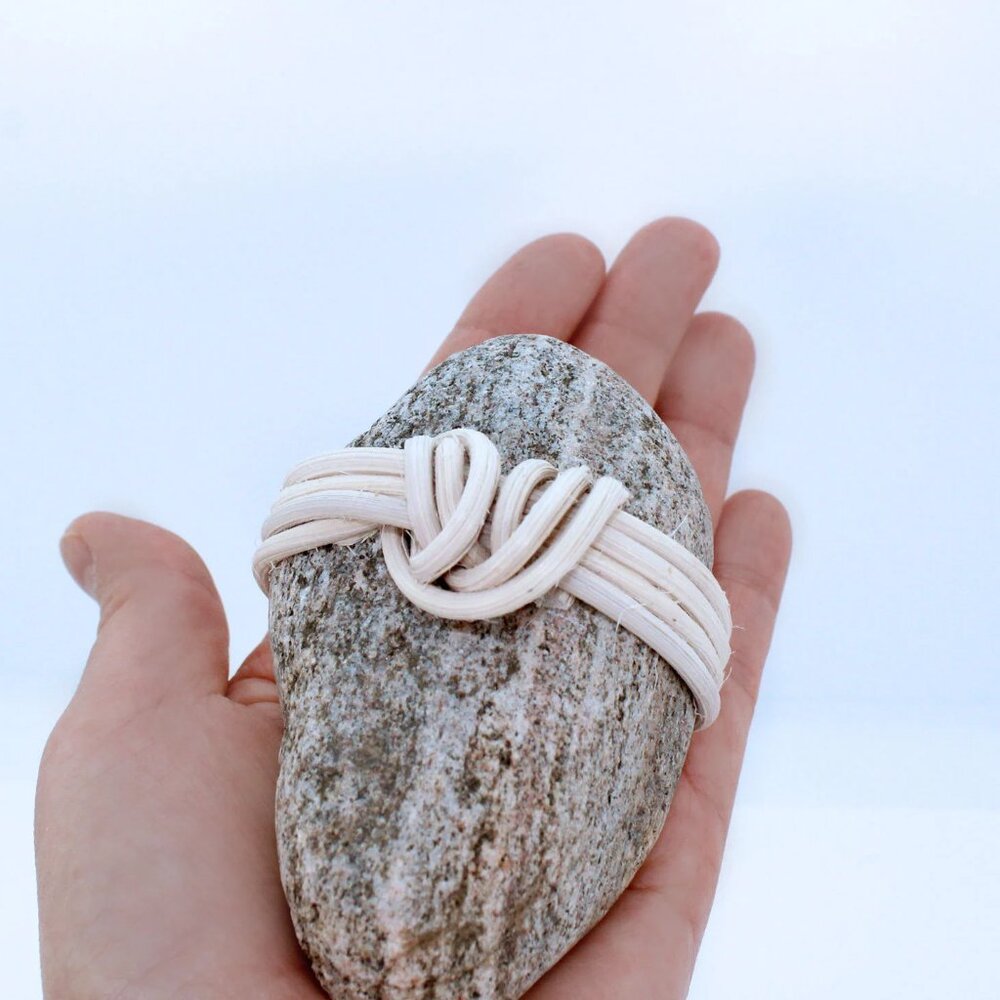 "Heart Knot" Rock Art - zen decor Japanese Wrapped Rock handcrafted with rattan
